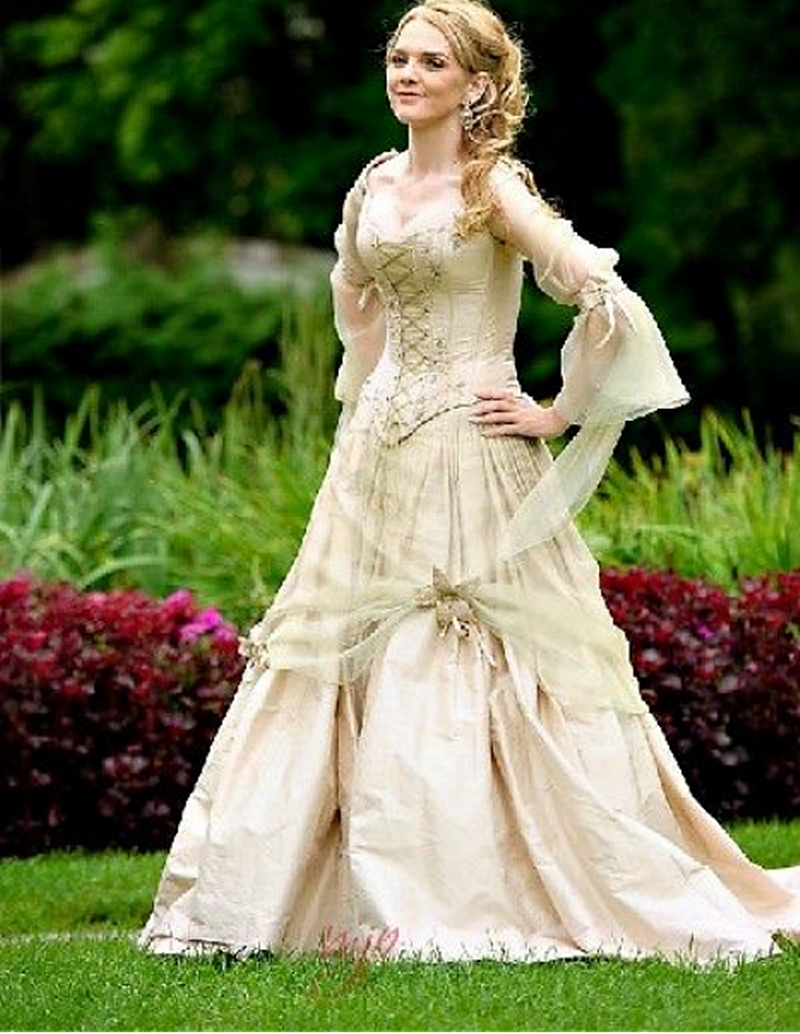 Fairytale Celtic Renaissance Wedding Long Sleeves Champagne Gold A e Women Special Ocn Dress Corset Vintage Medieval Bridal Gowns