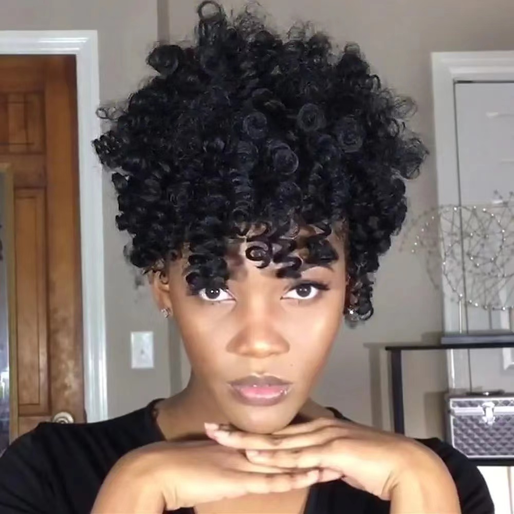 Short high afro kinky human hair ponytail hairstyle for black women taped crochet curly hair puff bun hairpiece real brazilian 120g drawstring clip in