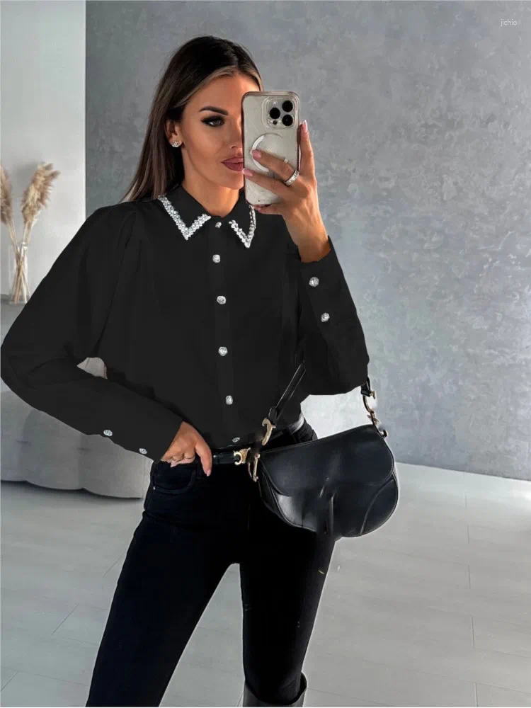 Womens Blouses Spring Summer Female Fashion Diamond-encrusted Loose Long-sleeve Button Top Shirt For Women Casual Elegant Office Shirts