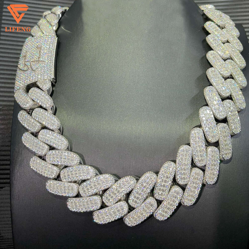 Lifeng Jewelry 30mm Width Vvs Moissanite Link Baguette Dia Sterling Sier Cuban White Gold Necklace Custom Chain