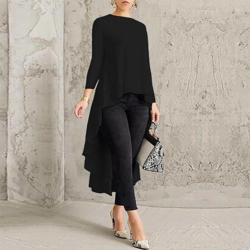 Womens Blouses -Selling Fashion O-Neck Long-Sleeved Irregular Solid Color Top Spring Workplace Commuting Elegant