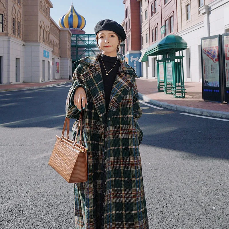 Women's Wool Blends S-XL Womens Woolen Coats Autumn Winter Female Blends Jackets Turn-down Collar X-long Loose Plaid Fashion Ladies Outerwear Hw1
