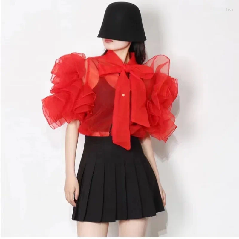 Womens Blouses Perspective Women Lace Up 3D Bowtie Ruffles Mesh Shirts Fairy Chiffon Gauze Spliced Cardigan Crop Tops Blusas Mujer