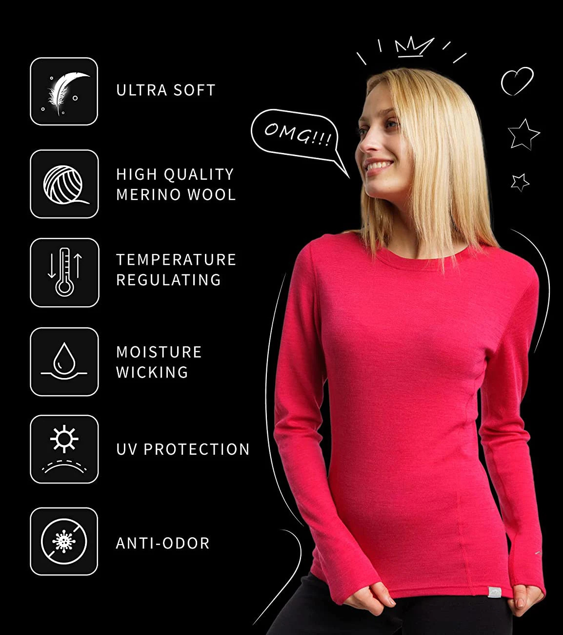Women's Thermal Underwear Merino Wool Base Layer Women 100% Merino Wool Thermal Underwear 180G Lightweight Long Sleeve Thermal Shirt Wicking Anti