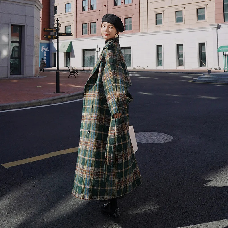 Women's Wool Blends S-XL Womens Woolen Coats Autumn Winter Female Blends Jackets Turn-down Collar X-long Loose Plaid Fashion Ladies Outerwear Hw1