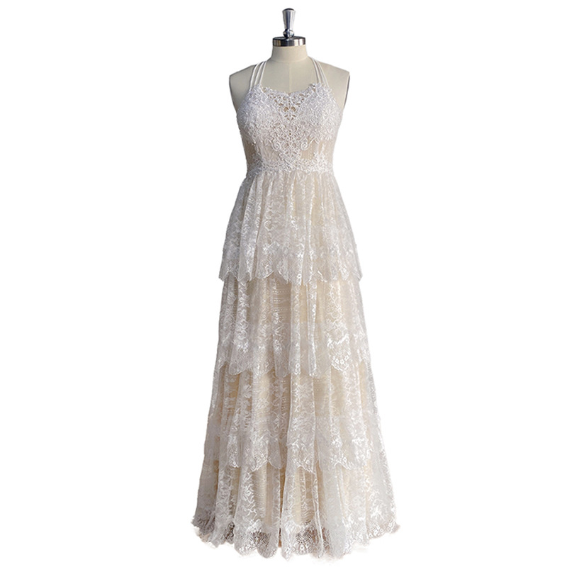 2024 Elegant Boho Lace Wedding Dress Halter Sheer Lace Appliques Sleeveless Tiered A-line Bride Party Gown For Woman Vestido De Noiva Robe Mariage