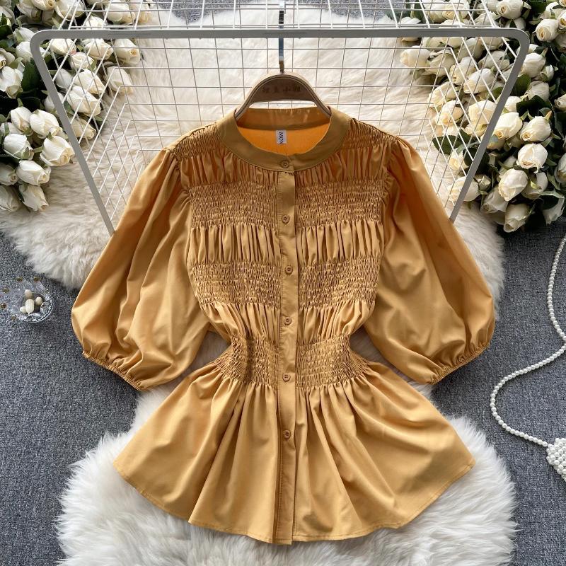 Womens Blouses Women Chic O-neck Puff Sleeve Long Folds Solid Slim Sexy Korean T-shirt Fashion Summer Shirt Three Quarter