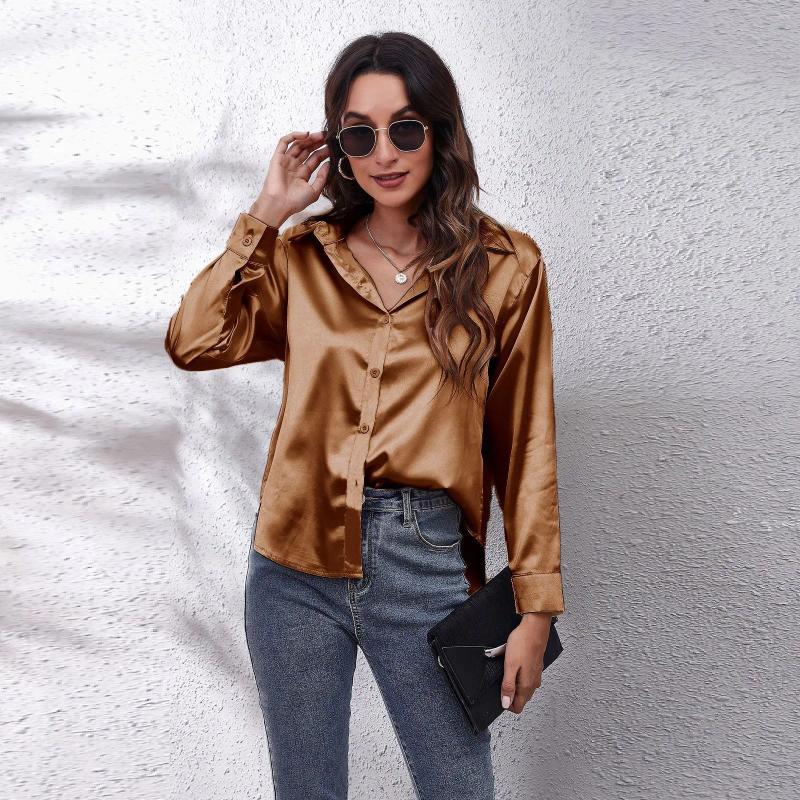 Womens Blouses Satin Long Sleeved Shirt Autumn Lapel Single Breasted Solid Color Loose Fitting Cardigan Blouse Tops Femme Blusas