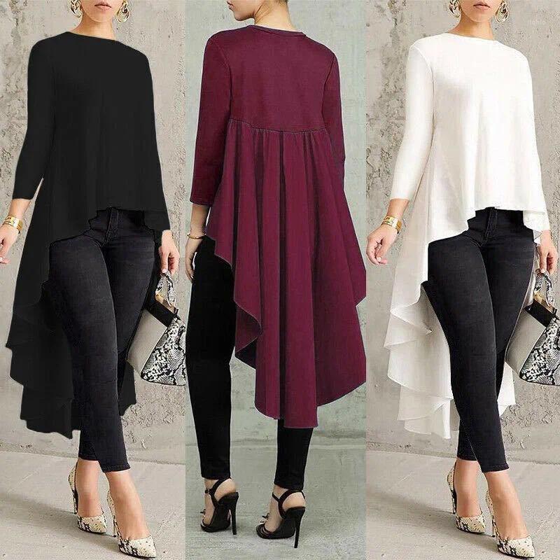 Womens Blouses -Selling Fashion O-Neck Long-Sleeved Irregular Solid Color Top Spring Workplace Commuting Elegant