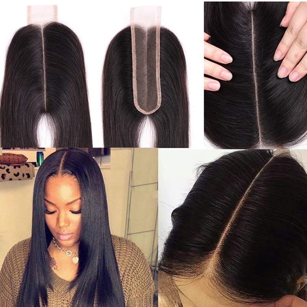 Brazilian 2x6 Lace Closure Straight 100% Human Hair Deep Middle Part Straight Transparent Lace Closure Remy Hair Kim K Closure with Baby Hair Natural 