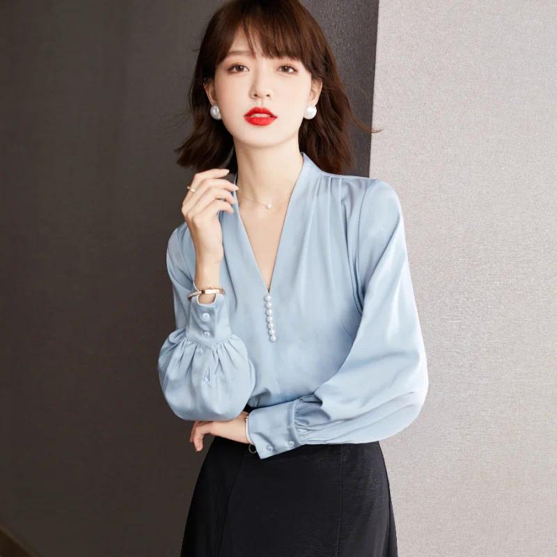 Womens Blouses Autumn Design Sense Niche Long Sleeved Professional Shirt Tops Women Chiffon