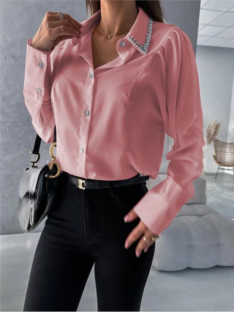 Womens Blouses Spring Summer Female Fashion Diamond-encrusted Loose Long-sleeve Button Top Shirt For Women Casual Elegant Office Shirts