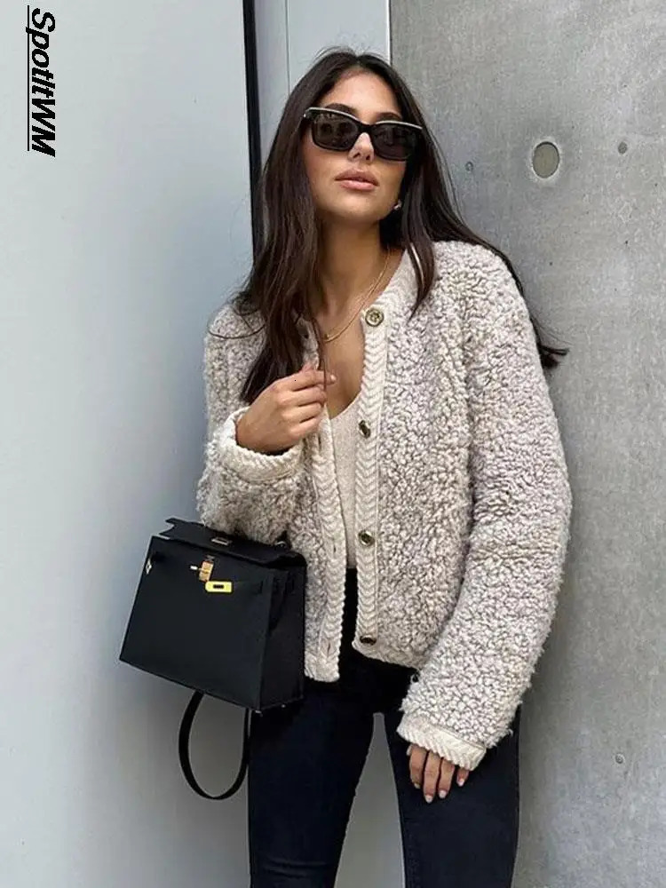 Womens Jackets Fashion Cropped Fleece Solid Plush Women Single Breasted O Neck Cashmere Cotton Coats Winter Female Commute Outwear 231212