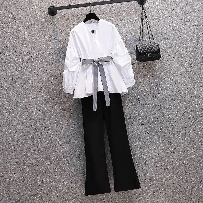 Women's Two Piece Pants OverSize Twopiece Suit Clothing Spring Summer Long Sleeve V Neck Blouse 231211