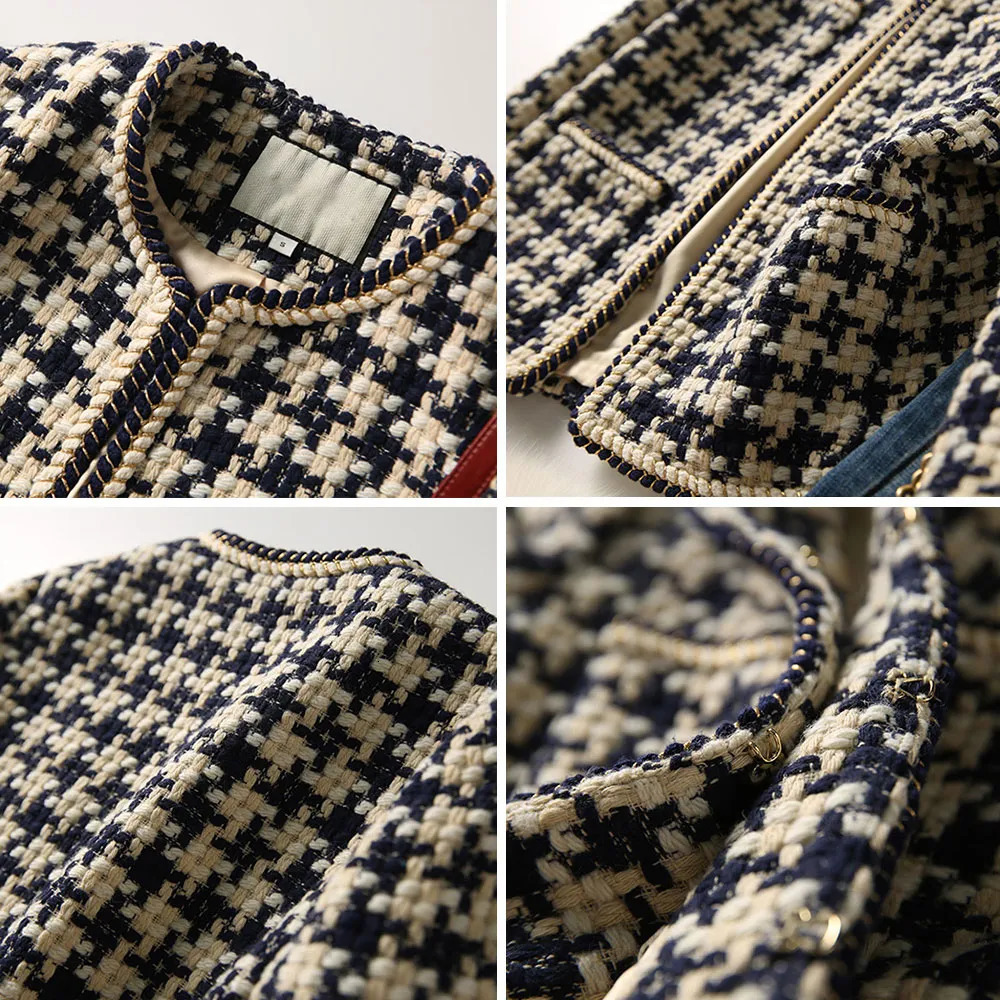 Women's Suits Blazers GACVGA Elegant Weave Plaid Women Blazer With Pocket And Lining Autumn Winter Causal Tweed Coat Office Ladies Suit Jacket 23