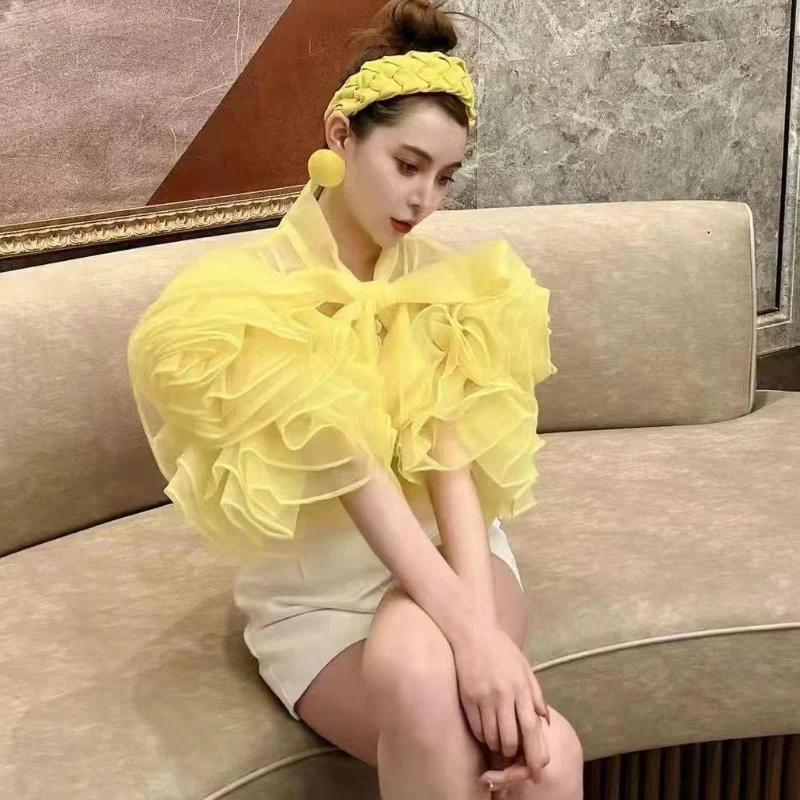 Womens Blouses Perspective Women Lace Up 3D Bowtie Ruffles Mesh Shirts Fairy Chiffon Gauze Spliced Cardigan Crop Tops Blusas Mujer