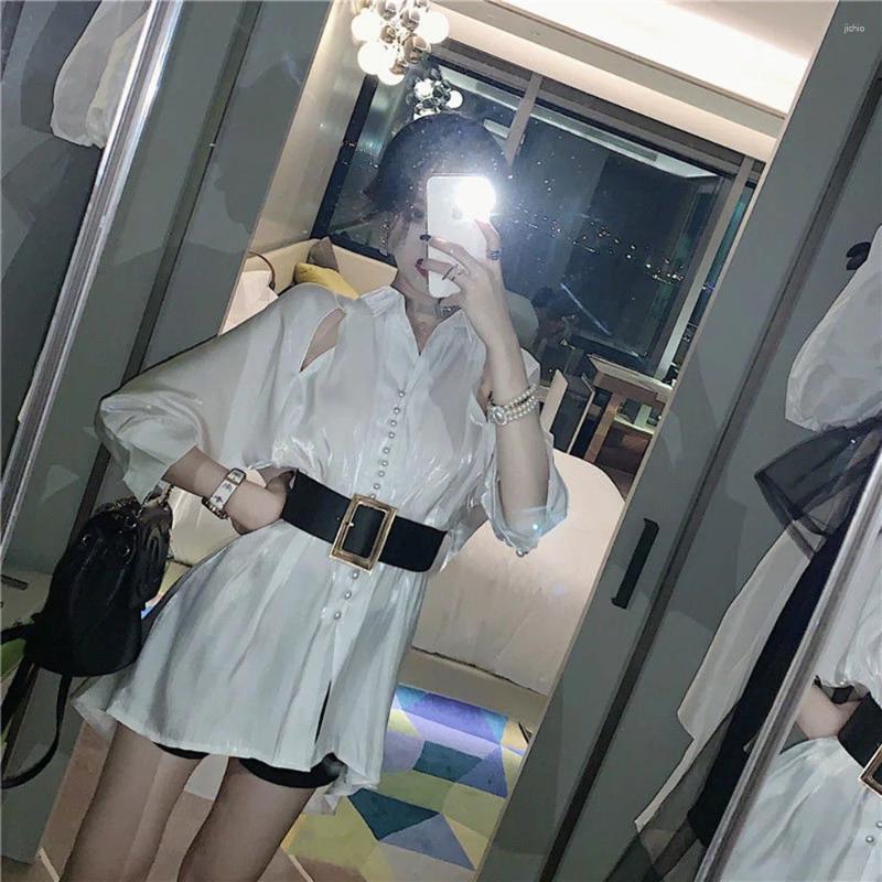 Womens Blouses Korean Elegant Ladies White Tops Sexy Off Shoulder Shirts Hollow Long Sleeves Summer Loose Blouse Women Temperament Blusas
