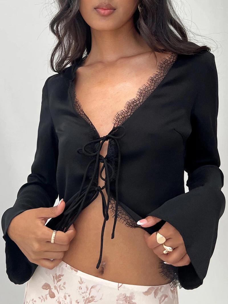 Womens Blouses Combhasaki Women Crop Long Sleeve Tops Lace Eyelash Trim Tie Front Shirt Casual Cardigan For Club Streetwear Aesthetic