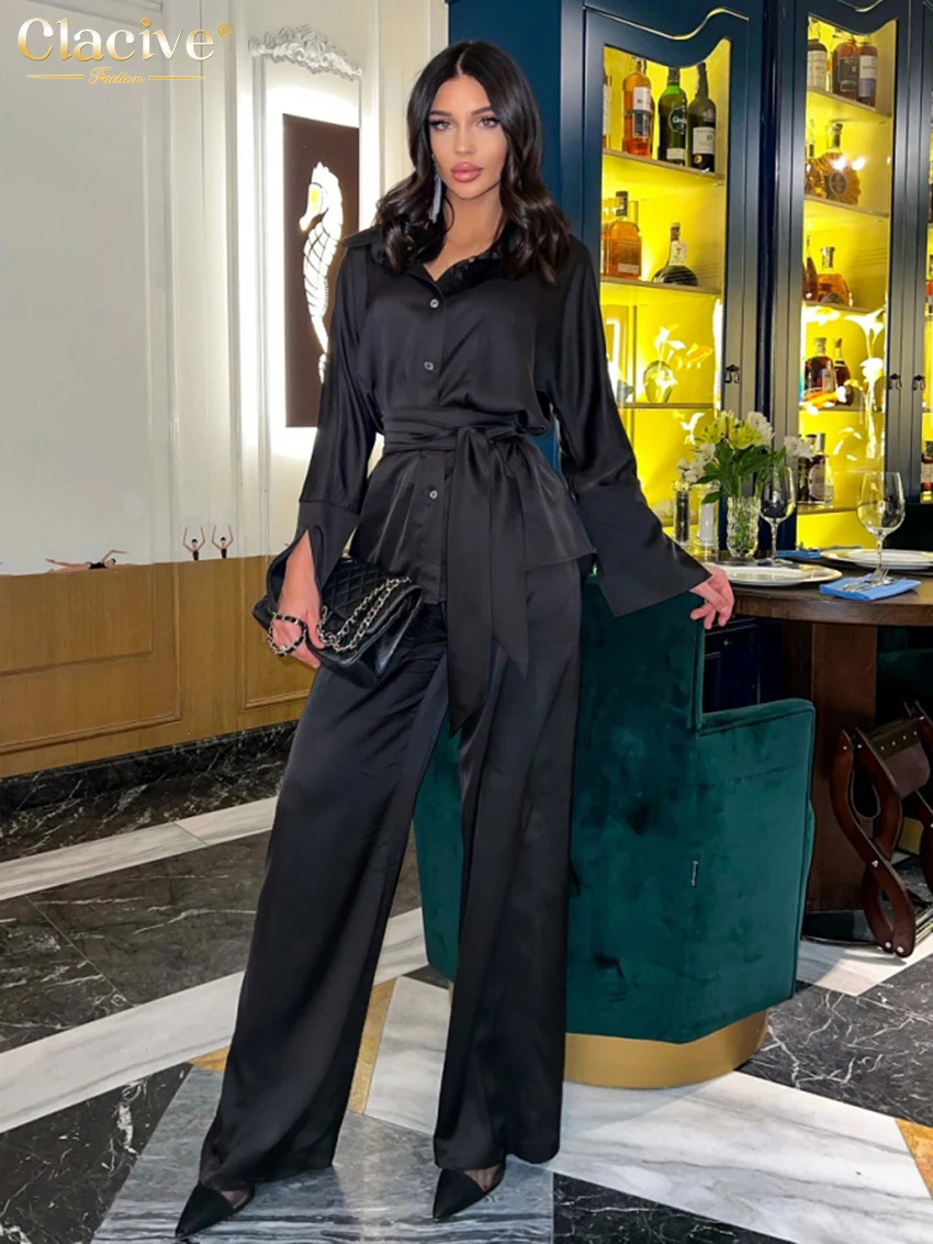 Women s Pants s Clacive Fashion Long Sleeve Shirts Two Piece Set Women Elegant Blue Satin Streetwear High Waist Wide Trousers Suits 231212