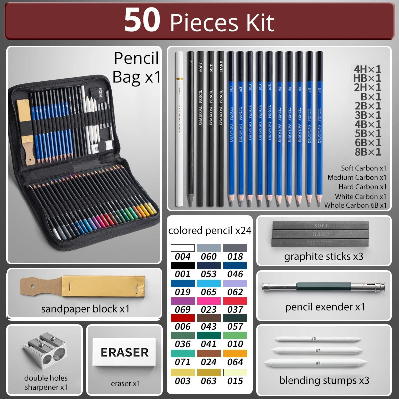 Pencils 37/50/100pcs Professional Drawing Pencils Sketch Set Complete Artist Kit Pencil Bag Case Includes Color Pencil Sharpener Eraser 231212
