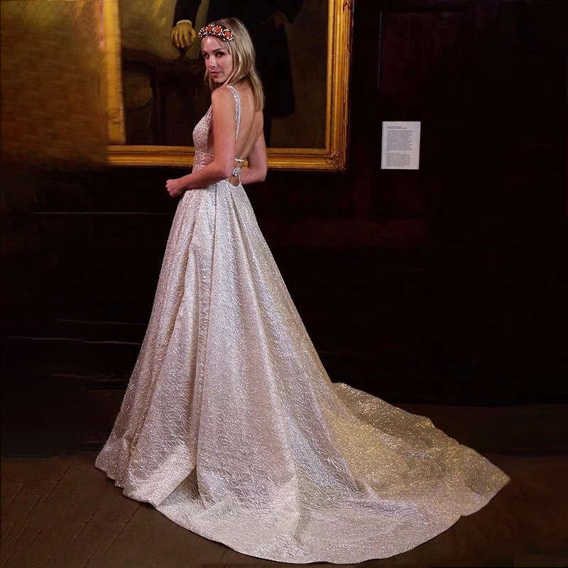 2024 Fashion Boho Wedding Dress V-neck Backless Straps Sequins A-line Bride Party Gown Women Vestido De Noiva Robe Mariage