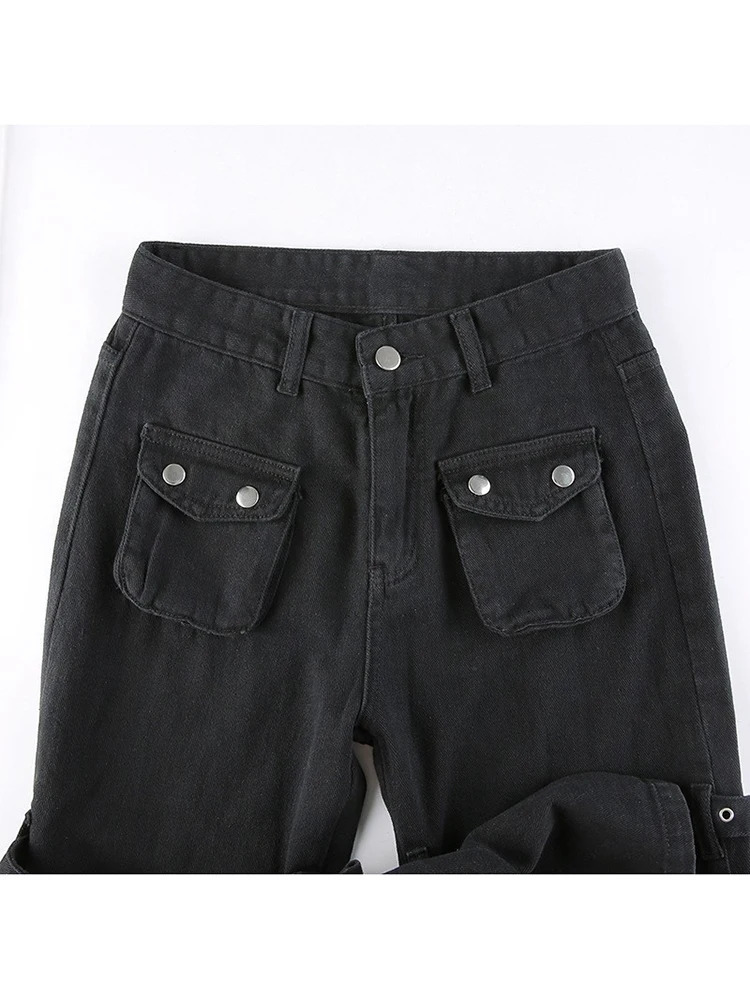 Women's Pants Capris Eyelet Buckle Cyber Punk Goth Baggy Jeans Y2K Woman Techwear Dark Academic Solid E Girl Cargo Pants Denim Gothic Hippie Trou