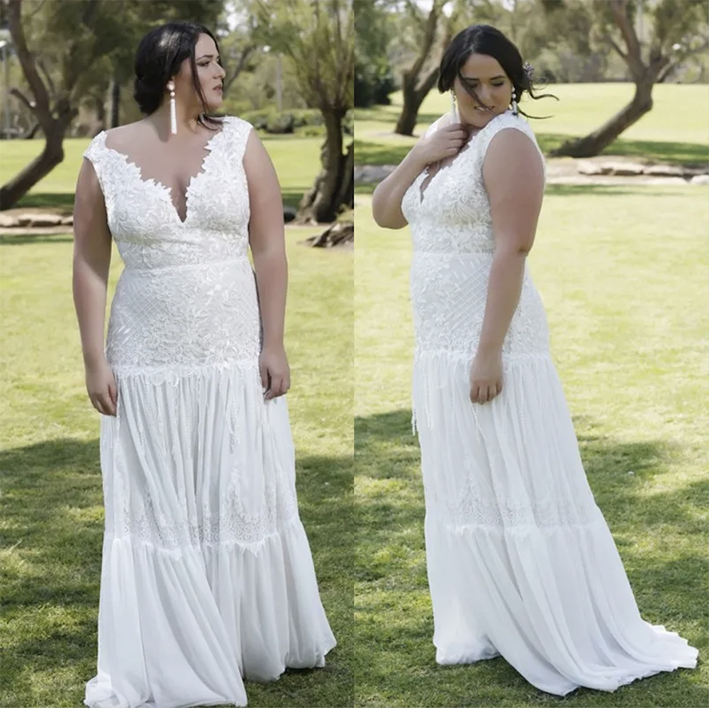 High Quality Lace Plus Size Beach Wedding Dresses V Neck Pleated Bohemian Bridal Gowns A Line Chiffon Floor Length Boho Robe De Mariee
