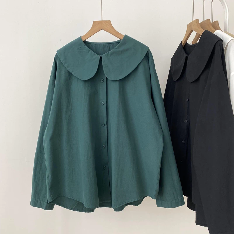 Womens Blouses Vintage Japanese Age Reduction Solid Color Ingot Collar Doll White Shirt Female Pure Cotton Small Design Long-Sleeved