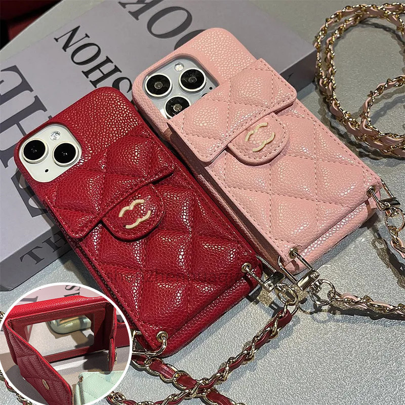 For iPhone 15 Pro Max Cases Women Crossbody Designer Phone Case Apple iPhone 14 Pro Max 13 Pro Caviar Leather Quilted Card Holder iPhone Case Shoulder Strap Lanyard