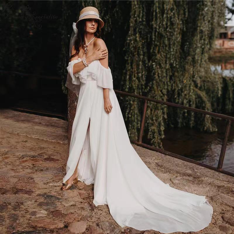 2024 Summer Boho Wedding Dress V-neck Off the Shoulder A-line Chiffon Beach Bridal Party Gown Custom Made For Woman Vestido De Noiva Robe Mariage
