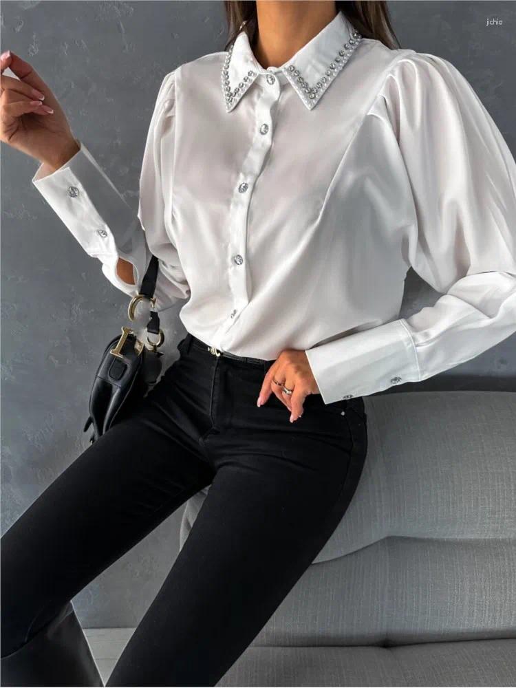 Womens Blouses Spring Summer Female Fashion Diamond-encrusted Loose Long-sleeve Button Top Shirt For Women Casual Elegant Office Shirts