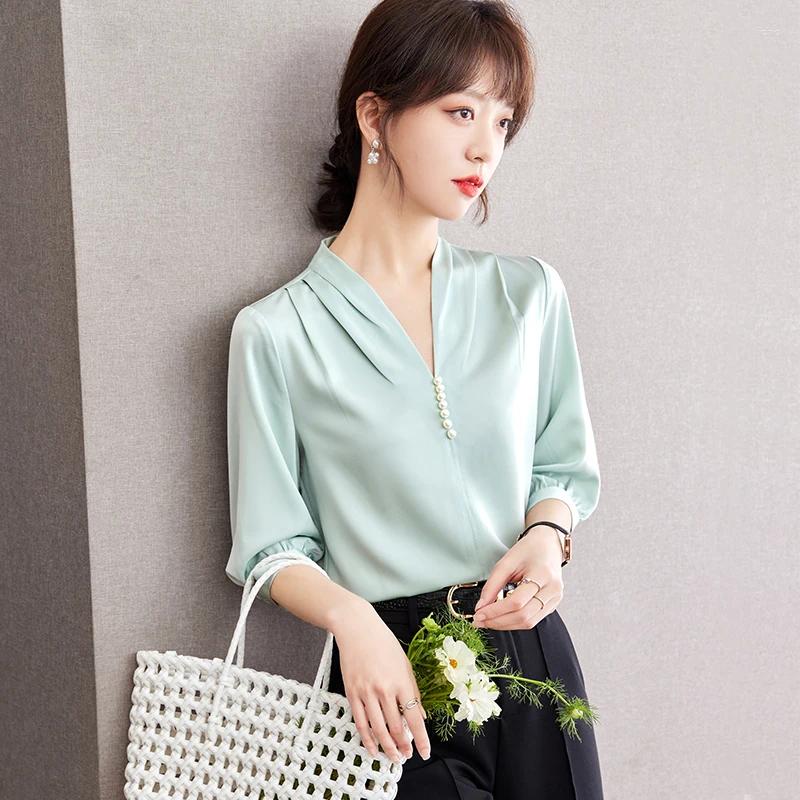 Womens Blouses Korean Short Sleeved V-neck Shirts Summer Thin Solid Color Versatile Fashion Casual Tops Women Shirt