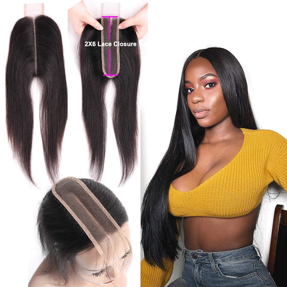 Brazilian 2x6 Lace Closure Straight 100% Human Hair Deep Middle Part Straight Transparent Lace Closure Remy Hair Kim K Closure with Baby Hair Natural 
