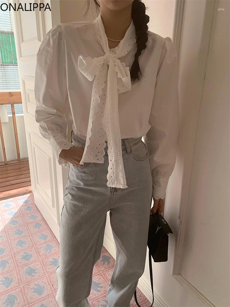 Womens Blouses Onalippa Lace Up Bow Womens Tops Solid Color All Match Single Breasted Shirts Korean Chic Gentle Wind Puff Long Sleeves