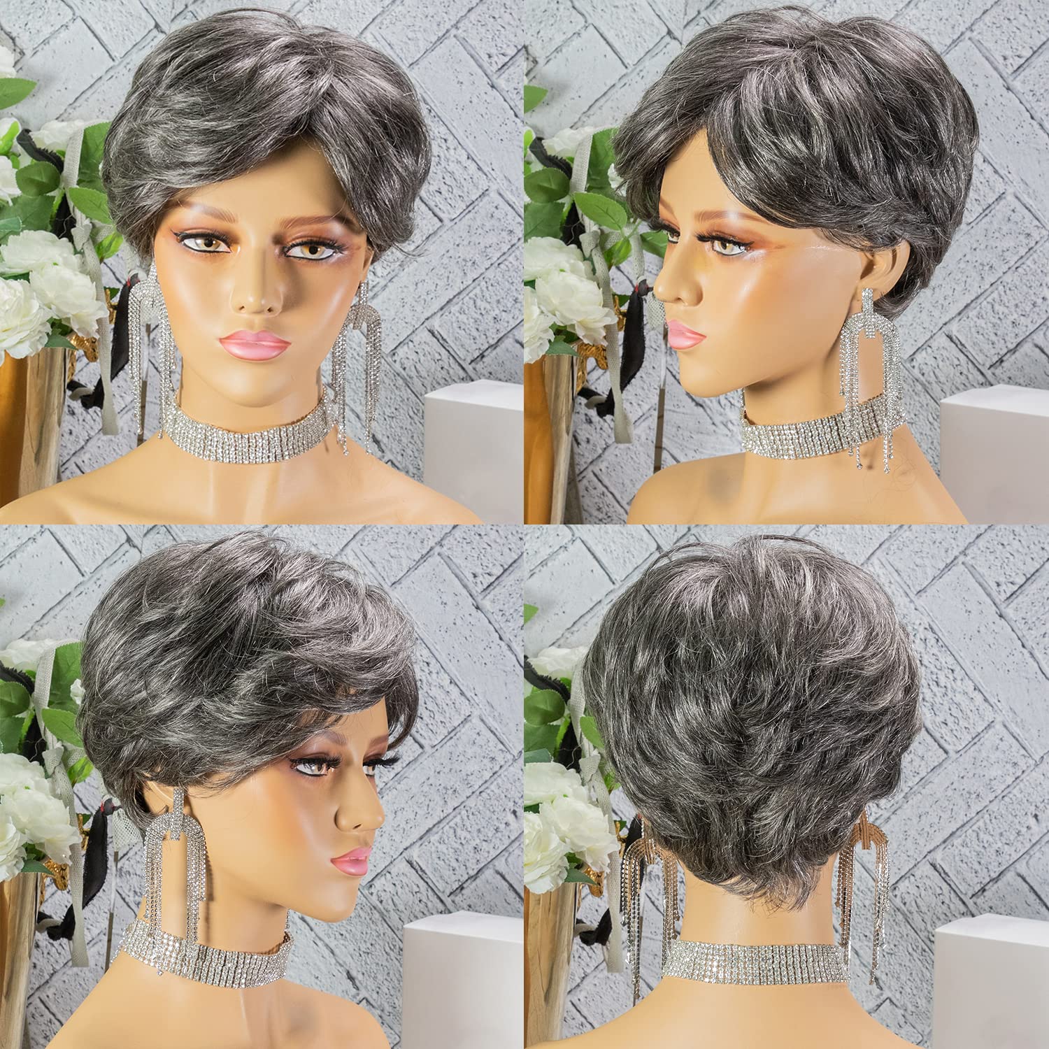 hort pixie cut grey human hair wig,100% brazilian real human hair,150% density soft beautiful appearance
