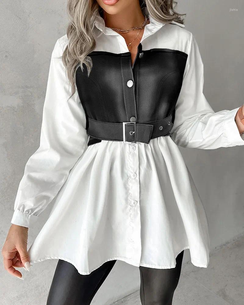 Womens Blouses Turn Down Collar Print Plaid Shirts Women Single Breasted Tight High Waist Belt Full Sleeve Loose Casual Splice Shirt Autumn