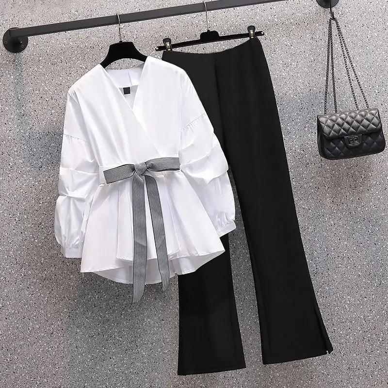 Women's Two Piece Pants OverSize Twopiece Suit Clothing Spring Summer Long Sleeve V Neck Blouse 231211