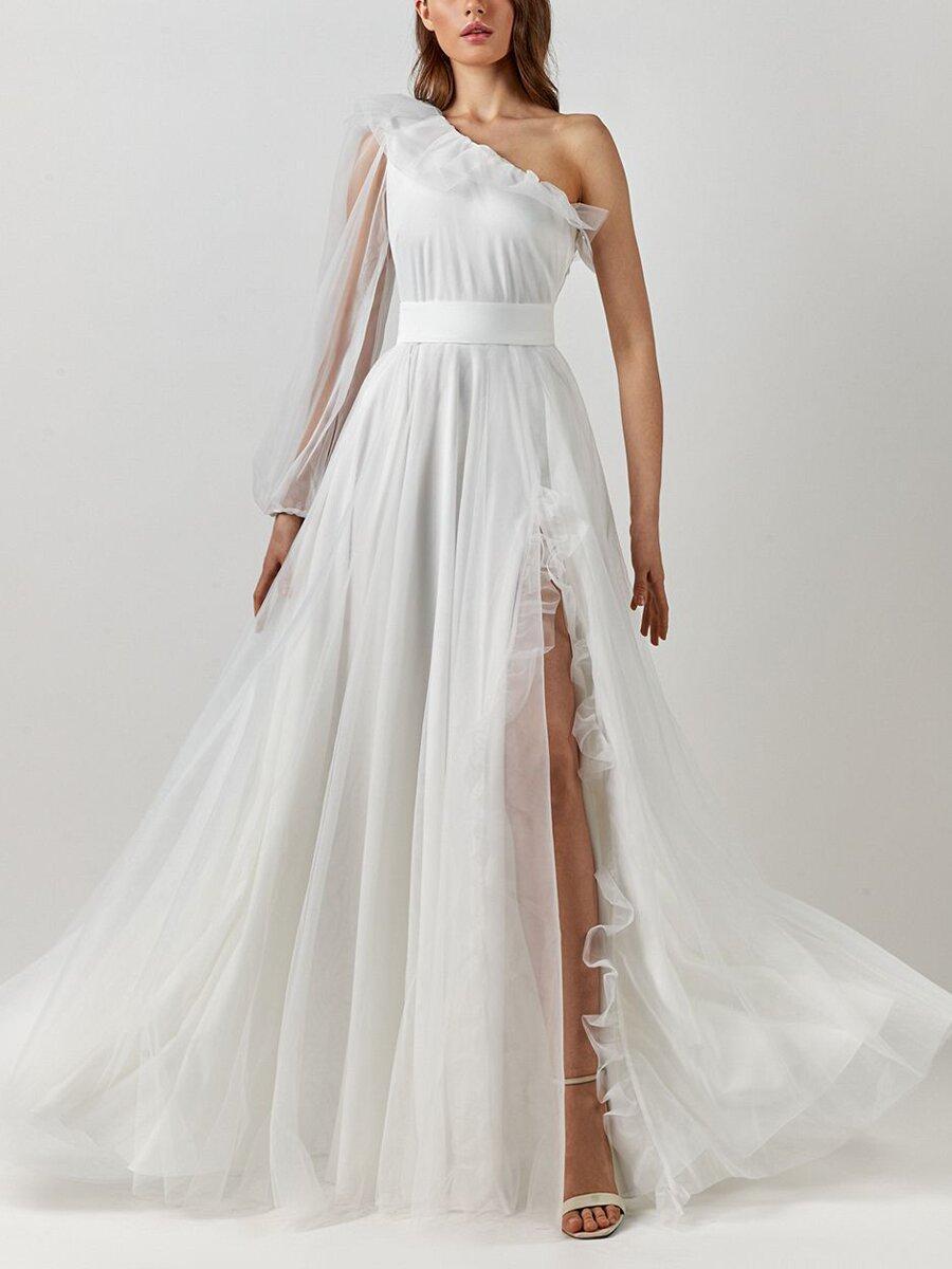 2024 Summer Boho Wedding Dress One Shoulder Long Sleeves Silt Ruffles A-line Tulle Bridal Party Gown Custom Made For Woman Vestido De Noiva Robe Maria