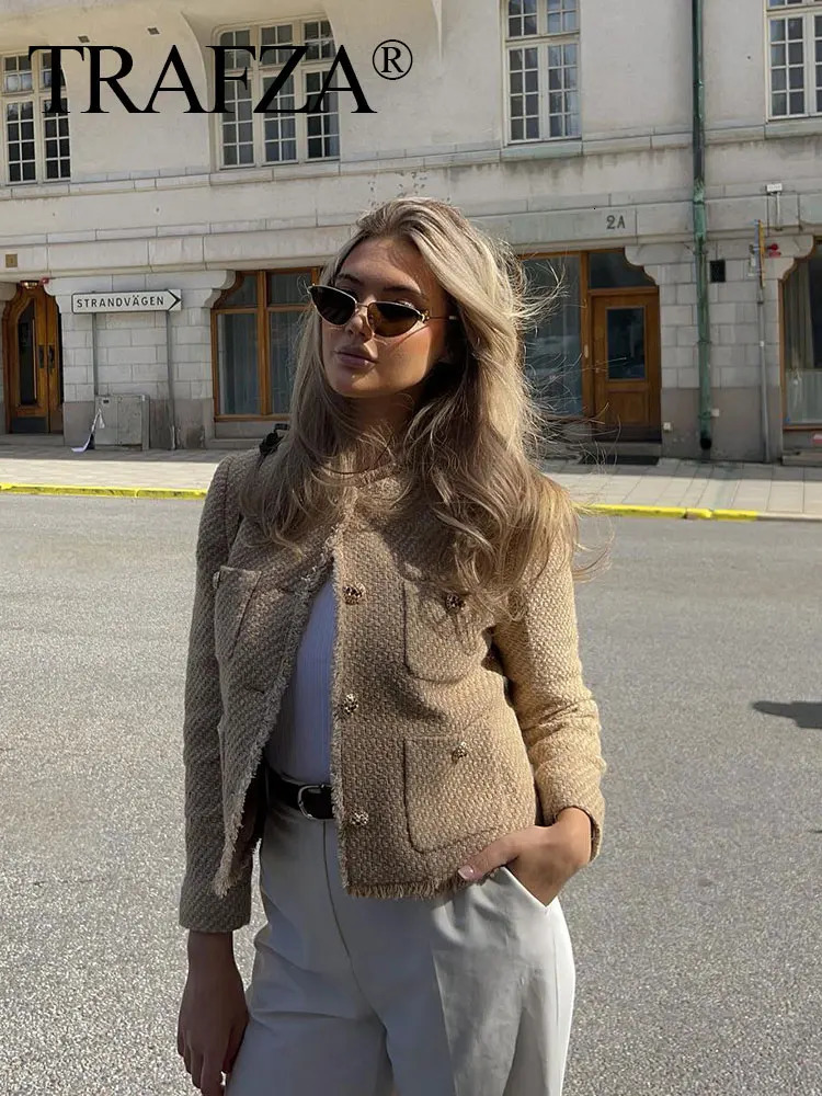 Womens Jackets TRAFZA Autumn Button Short Coats Camel Tweed Jacket Women Frayed Cropped Woman Fashion Long Sleeve Elegant Jacke 231212