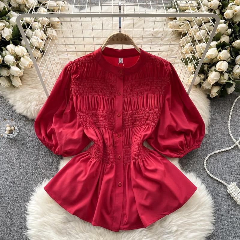 Womens Blouses Women Chic O-neck Puff Sleeve Long Folds Solid Slim Sexy Korean T-shirt Fashion Summer Shirt Three Quarter