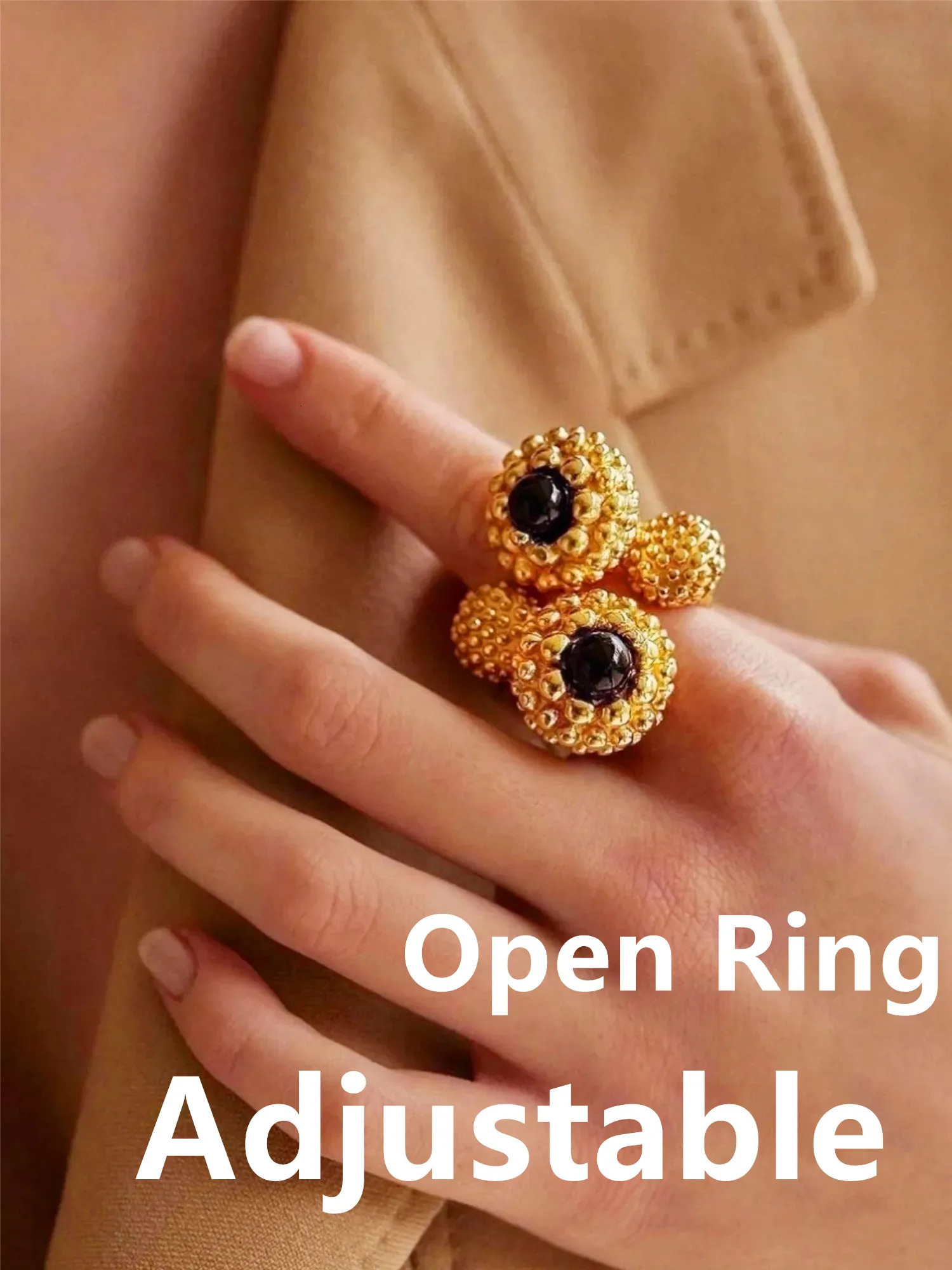 Solitaire Ring Retro Black Agate Metal Open for Women Gold Color Brass Jewelry In 2023 High Quality European And American 231212