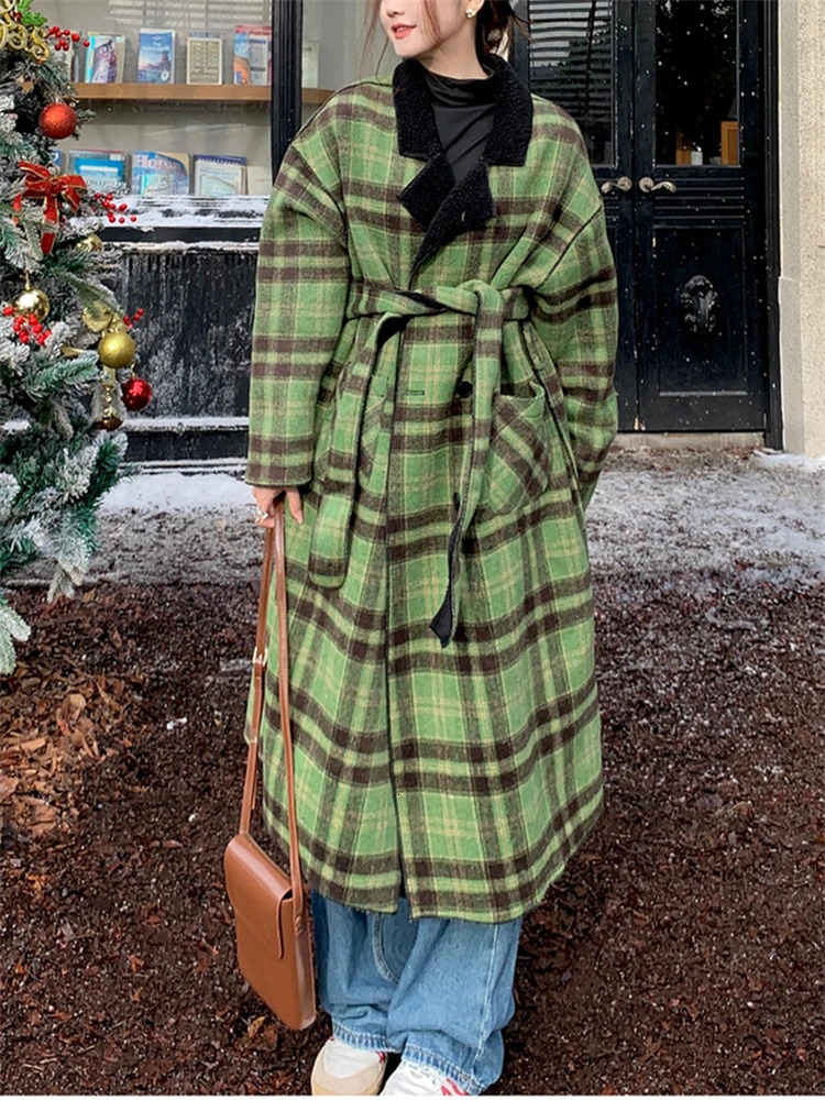 Women's Wool Blends Women's Front Back Can Be Worn Green check pattern Woolen Coat Autumn Winter British Style Female Loose Suit Collar Long