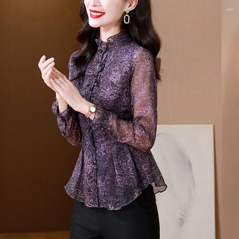 Womens Blouses Women Clothing Solid Purple Lace Shirts Spring Loose Vintage Jacquard French Fahsion Blouse Female Mature Elegant Tops