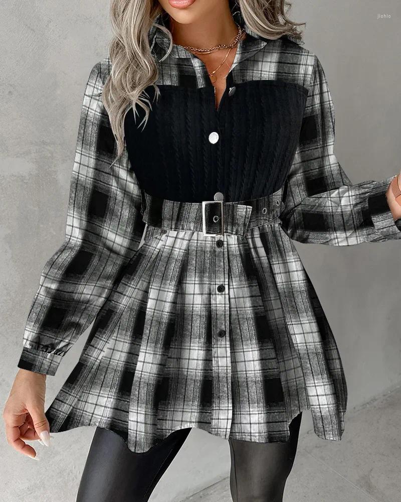 Womens Blouses Turn Down Collar Print Plaid Shirts Women Single Breasted Tight High Waist Belt Full Sleeve Loose Casual Splice Shirt Autumn