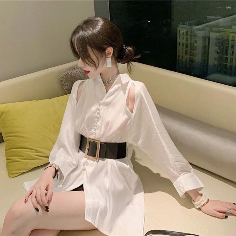 Womens Blouses Korean Elegant Ladies White Tops Sexy Off Shoulder Shirts Hollow Long Sleeves Summer Loose Blouse Women Temperament Blusas