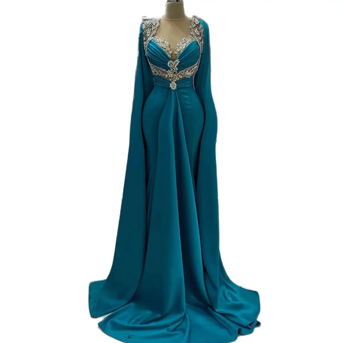 Blue Mermaid Evening Dresses Crystal Beads O Neck Red Carpet Dress Long Sleeves Formal Prom Gowns Elegant vestido de novia