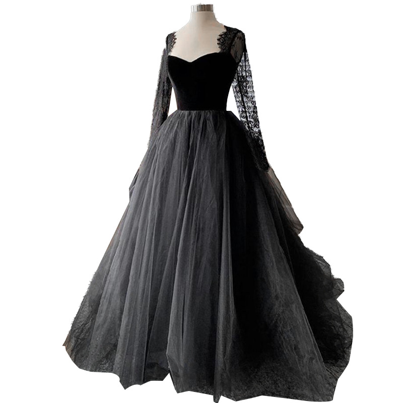 2024 Elegant Gothic Black Wedding Dress Sweetheart Lace Appliques Long Sleeves Velvet Lace A-line Bride Party Gown Woman Vestido De Noiva Robe Mariage