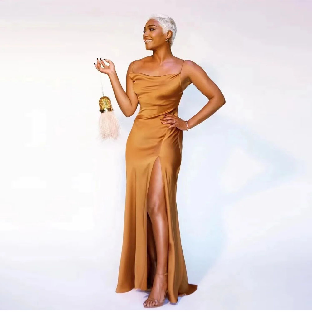 Gold Mermaid Bridesmaid Dress Spaghetti Strap Side Split Formal Evening Party Dress Women Floor Length Bodycon Maid of Honor Gowns