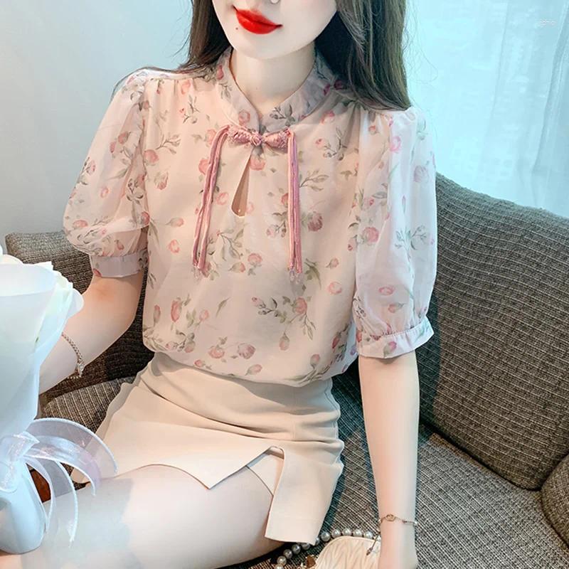 Womens Blouses Summer Chinese Buckle Print Chiffon Shirt Style Women Tops