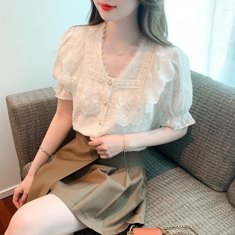 Womens Blouses Fashion Summer Korean White Lace Shirt For Women High Quality Temperament Tops